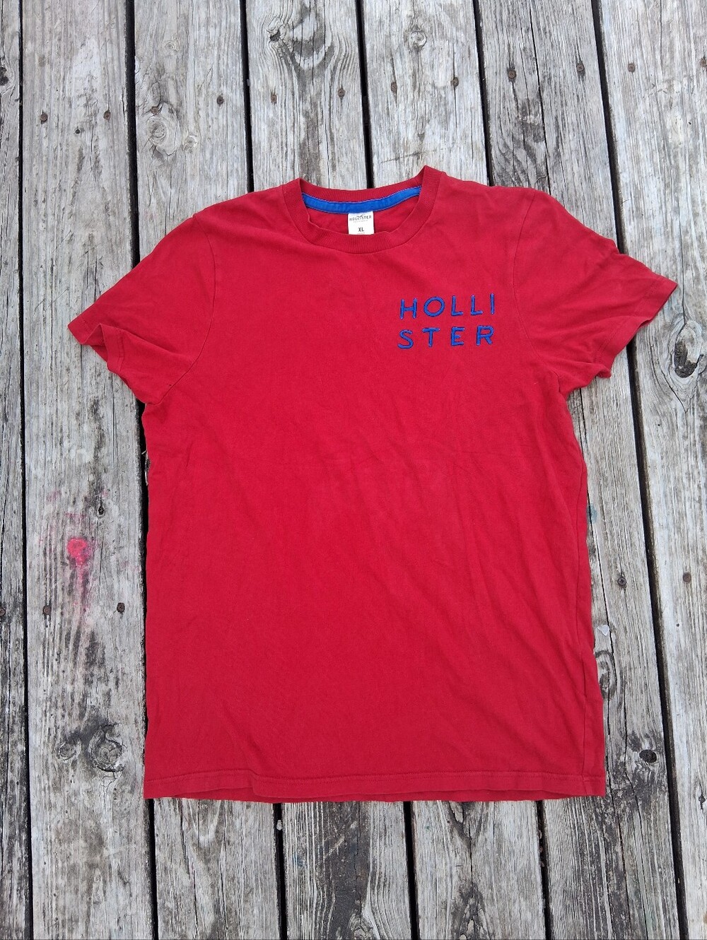 Y2K Hollister Red Tee with Blue Embroidered Logo XL
